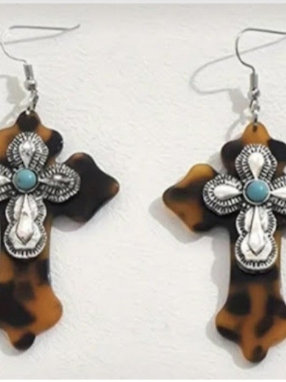 Wrangler Tortoiseshell Brown Cross Earrings with Turquoise Accent